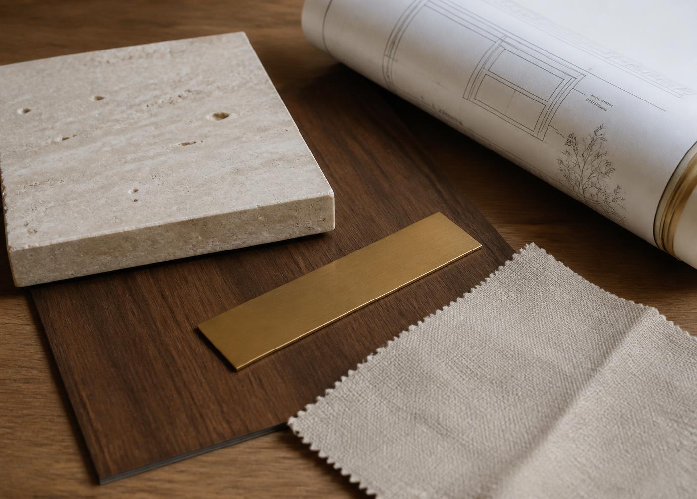 Limestone, walnut, brass and linen samples beside a rolled architectural drawing